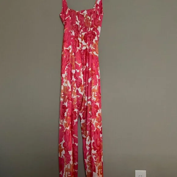 Petal and Pup Addison Jumpsuit XS Pink Coral Floral Smocked Wrap Tie Waist - Picture 7 of 7